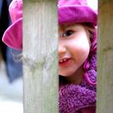 little girl in purple hat peeking through a wooden fence